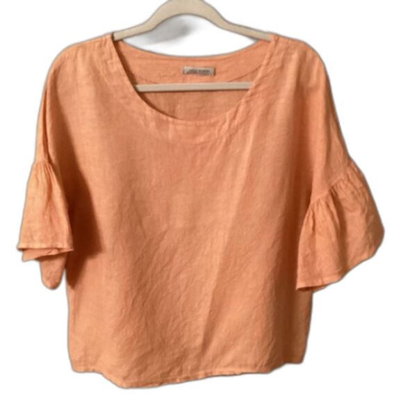 VIOLA BORGHI SIZE LARGE PEACH ORANGE RUFFLE SLEEVE LINEN PULLOVER TOP - Picture 1 of 7